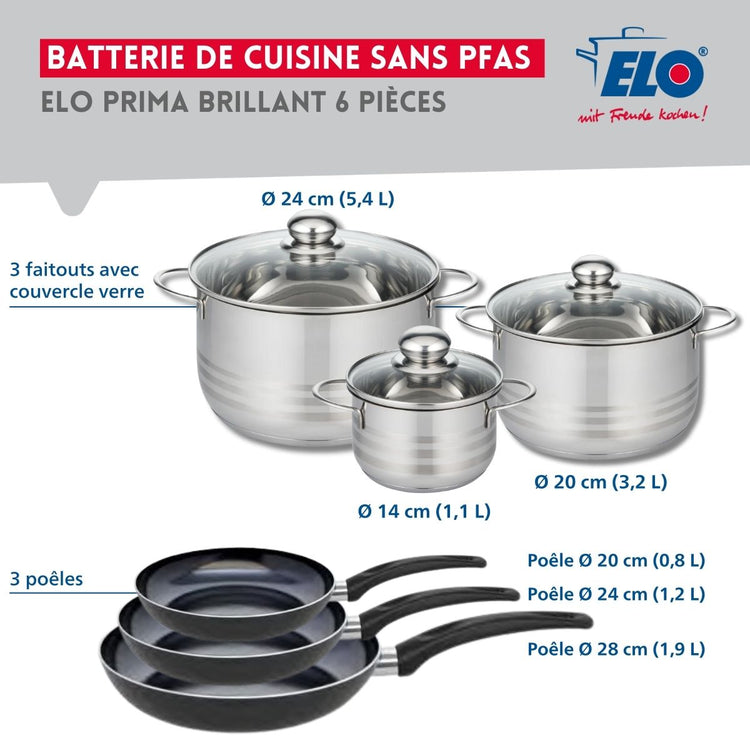 Ensemble de 3 Poêles de cuisson 20, 24 et 28 cm et 3 faitouts 14, 20 et 24 cm Elo Prima Brillant