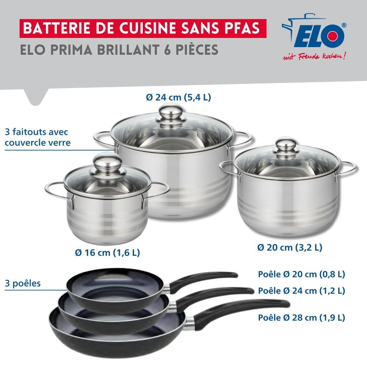 Ensemble de 3 Poêles de cuisson 20, 24 et 28 cm et 3 faitouts 16, 20 et 24 cm Elo Prima Brillant