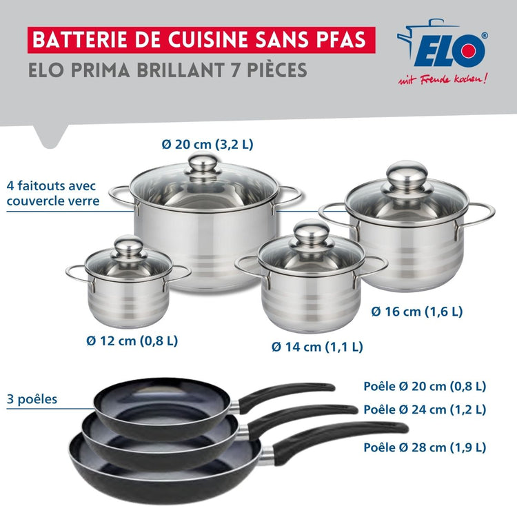 Ensemble de 3 Poêles de cuisson 20, 24 et 28 cm et 4 faitouts 12, 14, 16 et 20 cm Elo Prima Brillant