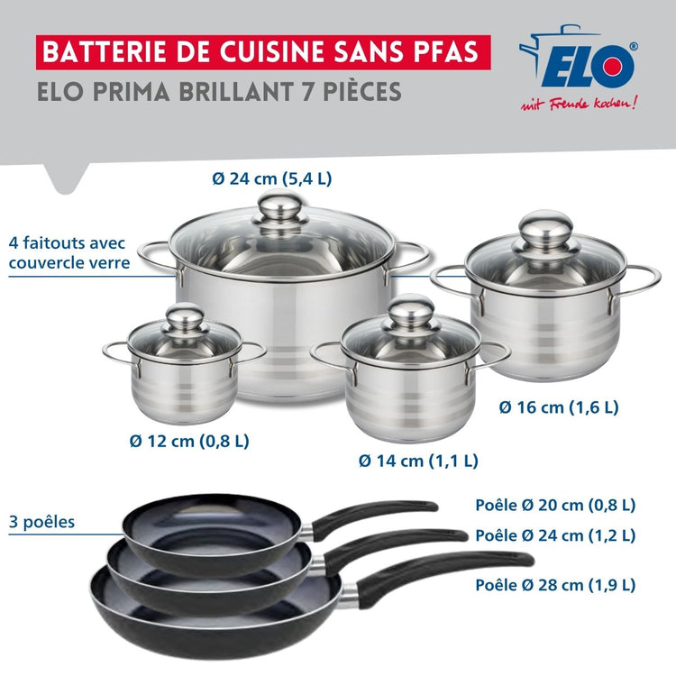 Ensemble de 3 Poêles de cuisson 20, 24 et 28 cm et 4 faitouts 12, 14, 16 et 24 cm Elo Prima Brillant