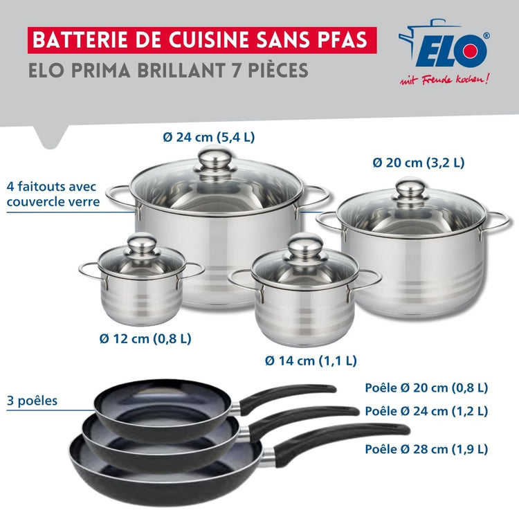 Ensemble de 3 Poêles de cuisson 20, 24 et 28 cm et 4 faitouts 12, 14, 20 et 24 cm Elo Prima Brillant