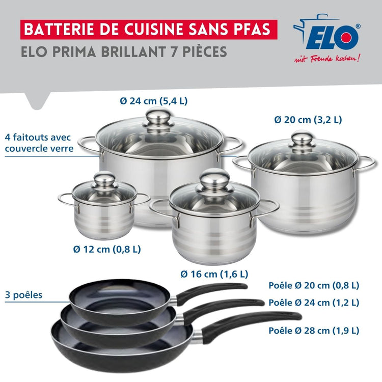 Ensemble de 3 Poêles de cuisson 20, 24 et 28 cm et 4 faitouts 12, 16, 20 et 24 cm Elo Prima Brillant