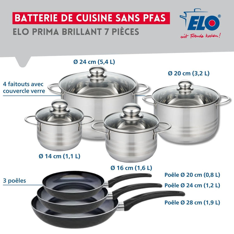 Ensemble de 3 Poêles de cuisson 20, 24 et 28 cm et 4 faitouts 14, 16, 20 et 24 cm Elo Prima Brillant