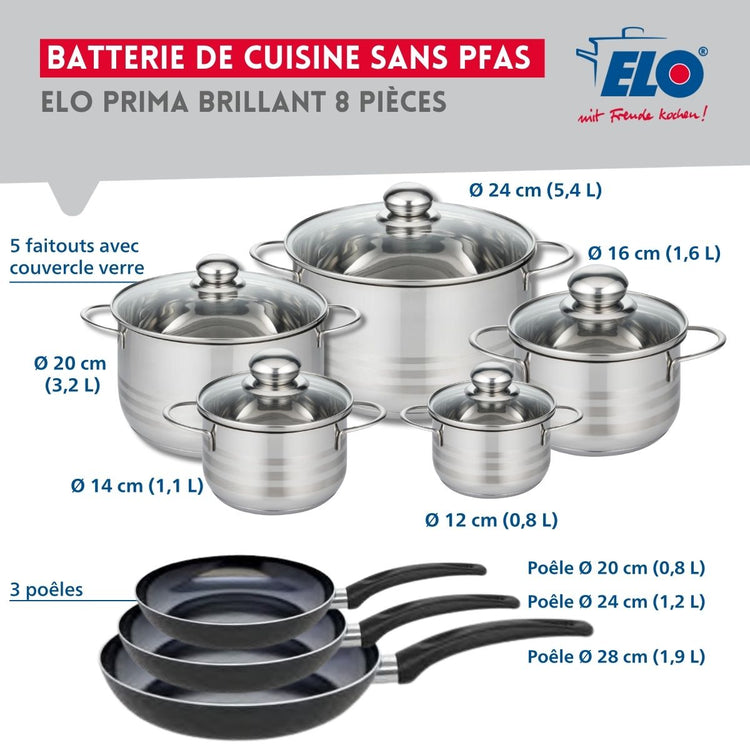 Ensemble de 3 Poêles de cuisson 20, 24 et 28 cm et 5 faitouts 12, 14, 16, 20 et 24 cm Elo Prima Brillant