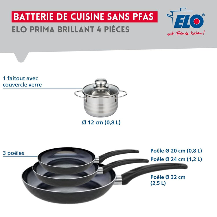 Ensemble de 3 Poêles de cuisson 20, 24 et 32 cm et 1 faitout 12 cm Elo Prima Brillant