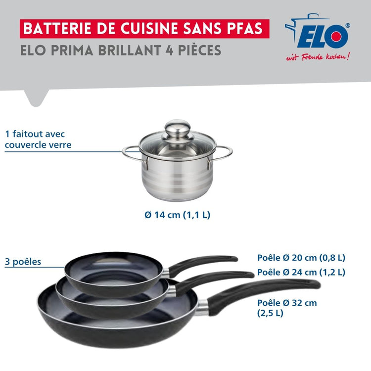 Ensemble de 3 Poêles de cuisson 20, 24 et 32 cm et 1 faitout 14 cm Elo Prima Brillant