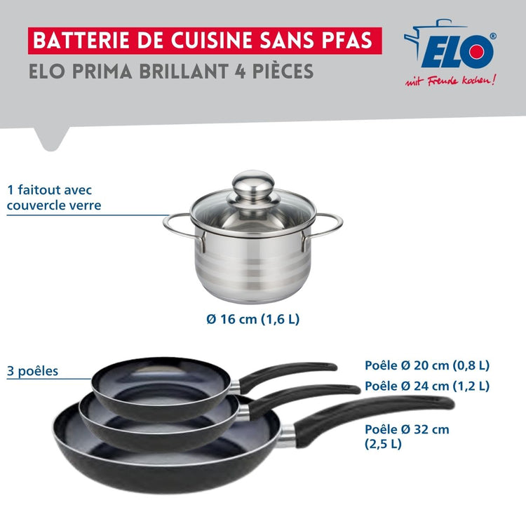 Ensemble de 3 Poêles de cuisson 20, 24 et 32 cm et 1 faitout 16 cm Elo Prima Brillant