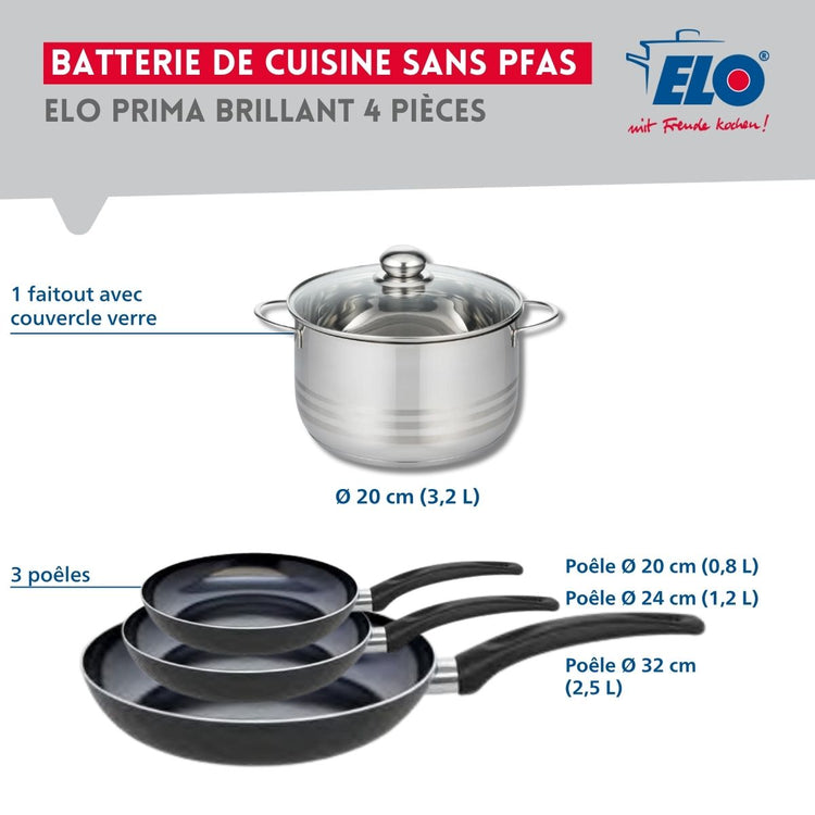 Ensemble de 3 Poêles de cuisson 20, 24 et 32 cm et 1 faitout 20 cm Elo Prima Brillant