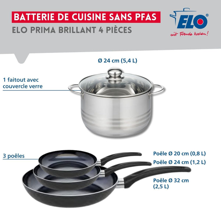 Ensemble de 3 Poêles de cuisson 20, 24 et 32 cm et 1 faitout 24 cm Elo Prima Brillant