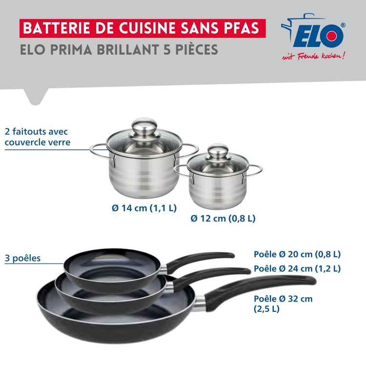 Ensemble de 3 Poêles de cuisson 20, 24 et 32 cm et 2 faitouts 12 et 14 cm Elo Prima Brillant