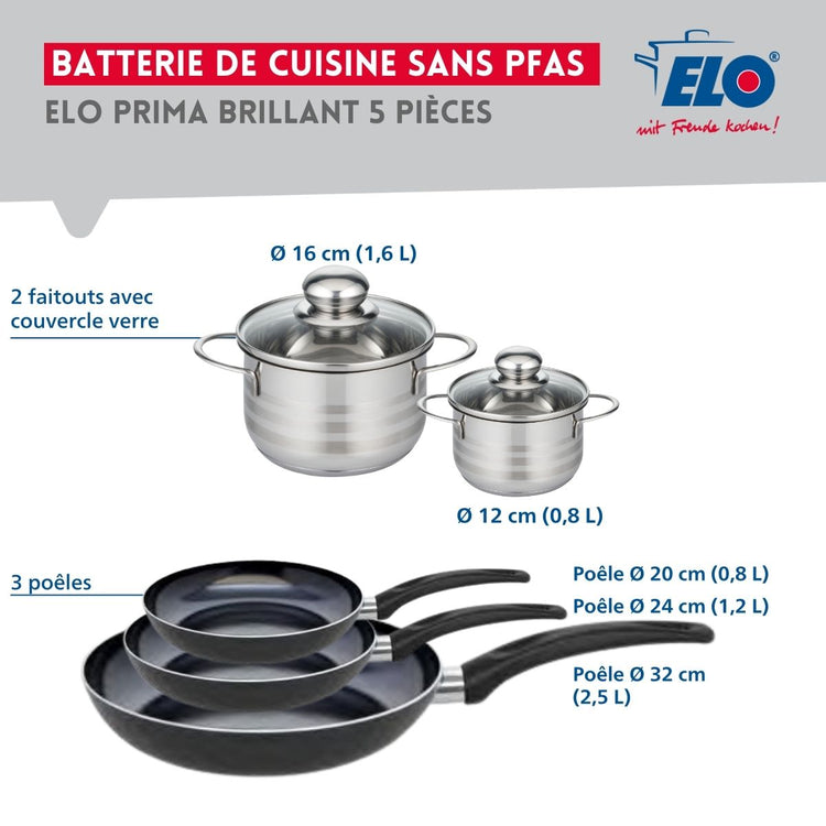 Ensemble de 3 Poêles de cuisson 20, 24 et 32 cm et 2 faitouts 12 et 16 cm Elo Prima Brillant