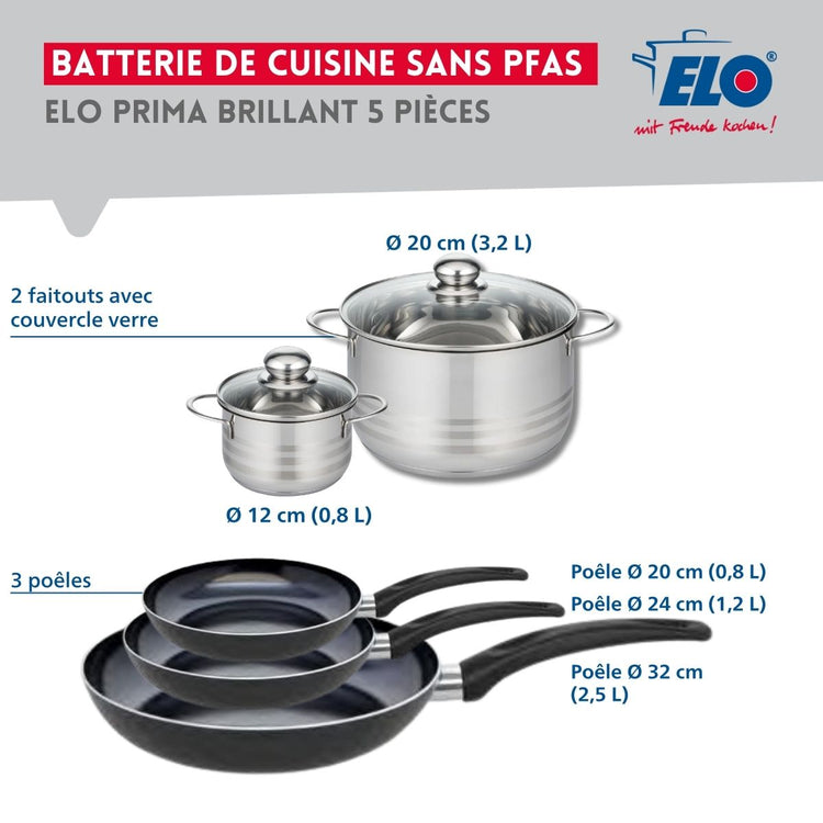 Ensemble de 3 Poêles de cuisson 20, 24 et 32 cm et 2 faitouts 12 et 20 cm Elo Prima Brillant