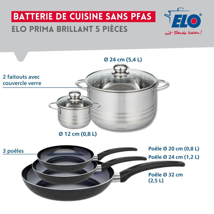 Ensemble de 3 Poêles de cuisson 20, 24 et 32 cm et 2 faitouts 12 et 24 cm Elo Prima Brillant