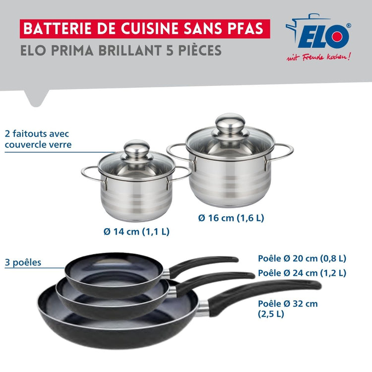 Ensemble de 3 Poêles de cuisson 20, 24 et 32 cm et 2 faitouts 14 et 16 cm Elo Prima Brillant