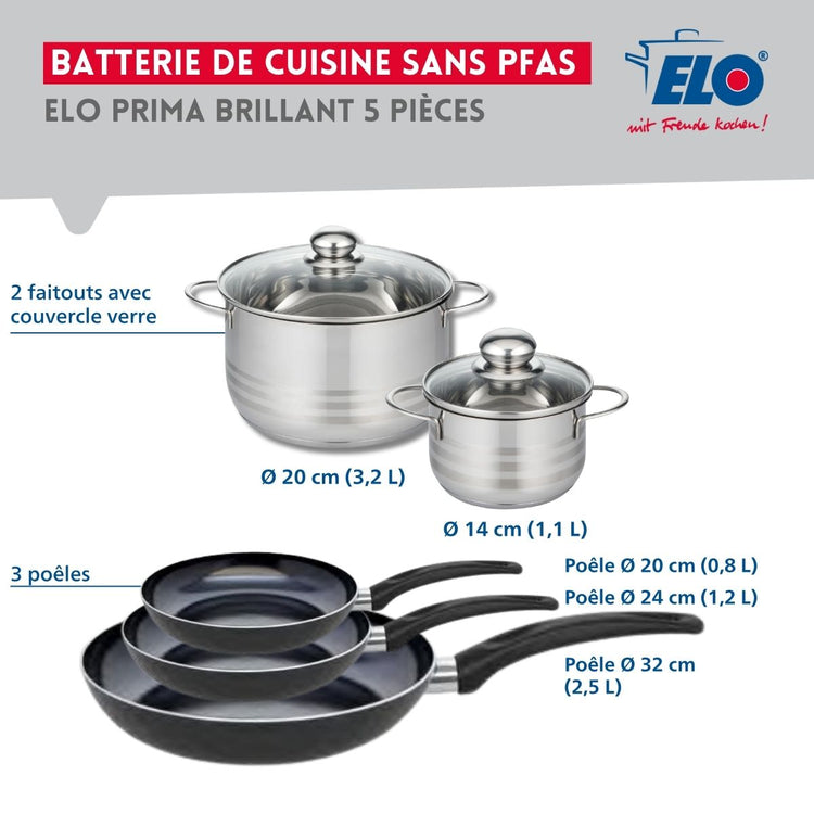 Ensemble de 3 Poêles de cuisson 20, 24 et 32 cm et 2 faitouts 14 et 20 cm Elo Prima Brillant