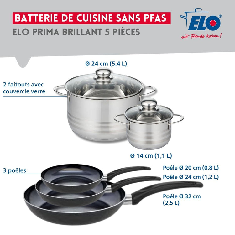 Ensemble de 3 Poêles de cuisson 20, 24 et 32 cm et 2 faitouts 14 et 24 cm Elo Prima Brillant