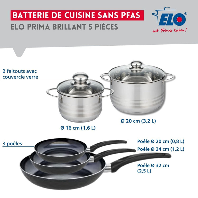 Ensemble de 3 Poêles de cuisson 20, 24 et 32 cm et 2 faitouts 16 et 20 cm Elo Prima Brillant