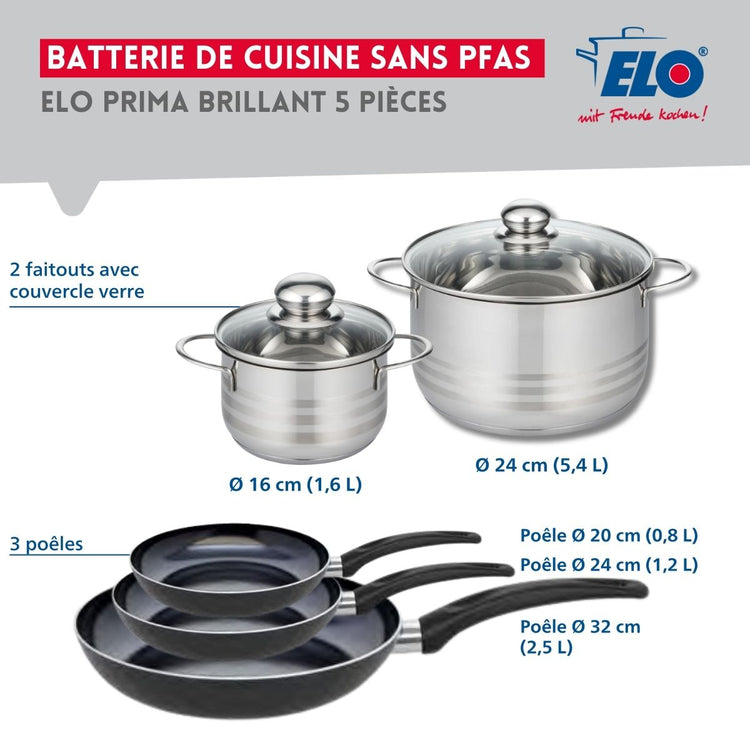 Ensemble de 3 Poêles de cuisson 20, 24 et 32 cm et 2 faitouts 16 et 24 cm Elo Prima Brillant