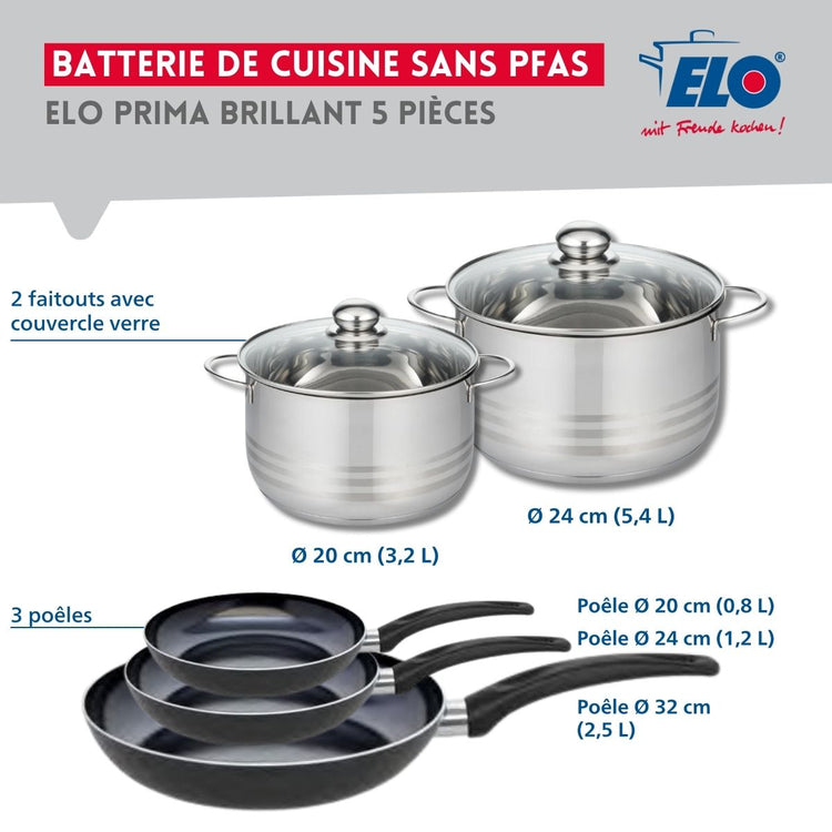 Ensemble de 3 Poêles de cuisson 20, 24 et 32 cm et 2 faitouts 20 et 24 cm Elo Prima Brillant