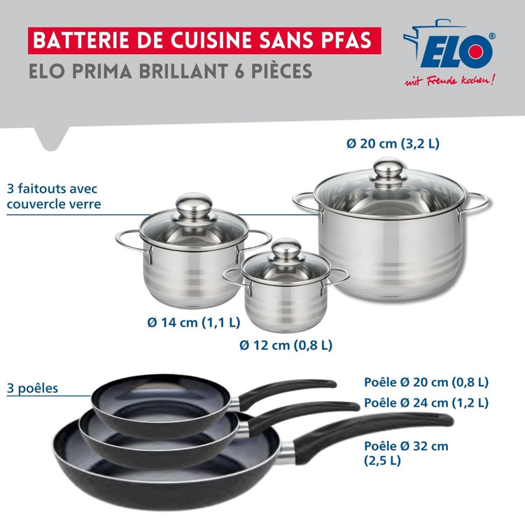 Ensemble de 3 Poêles de cuisson 20, 24 et 32 cm et 3 faitouts 12, 14 et 20 cm Elo Prima Brillant