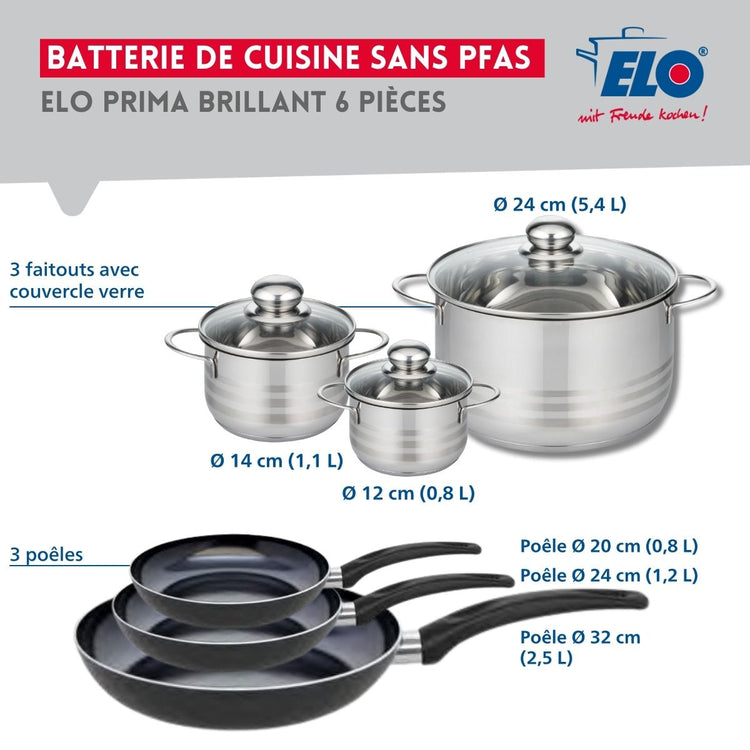 Ensemble de 3 Poêles de cuisson 20, 24 et 32 cm et 3 faitouts 12, 14 et 24 cm Elo Prima Brillant