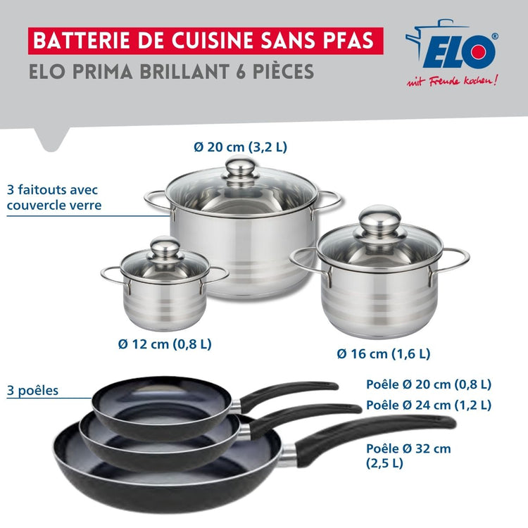 Ensemble de 3 Poêles de cuisson 20, 24 et 32 cm et 3 faitouts 12, 16 et 20 cm Elo Prima Brillant