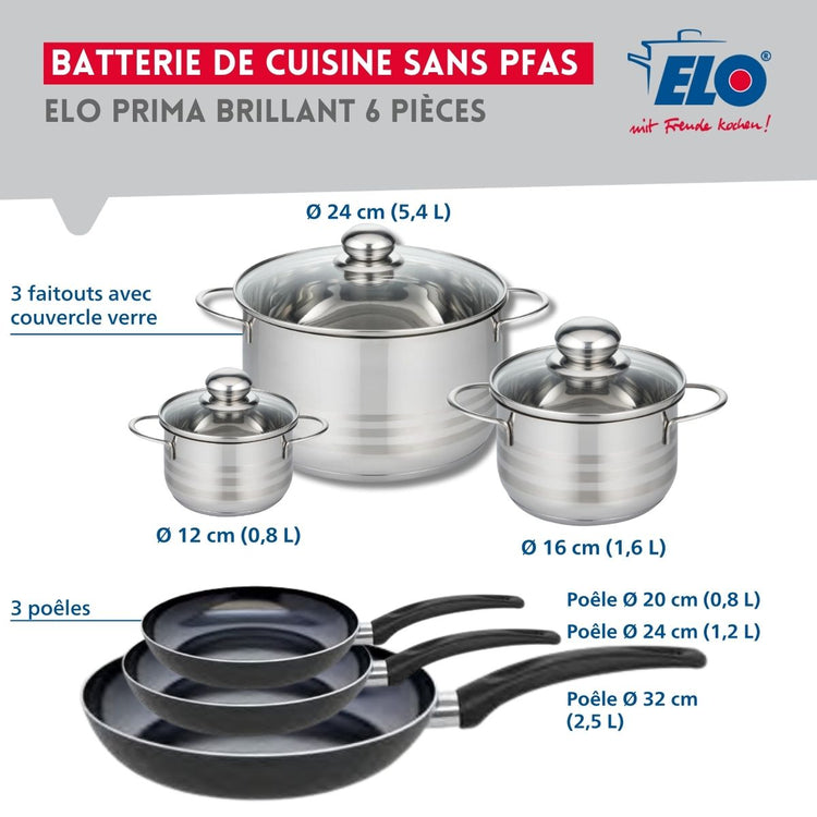 Ensemble de 3 Poêles de cuisson 20, 24 et 32 cm et 3 faitouts 12, 16 et 24 cm Elo Prima Brillant