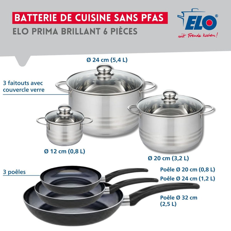 Ensemble de 3 Poêles de cuisson 20, 24 et 32 cm et 3 faitouts 12, 20 et 24 cm Elo Prima Brillant