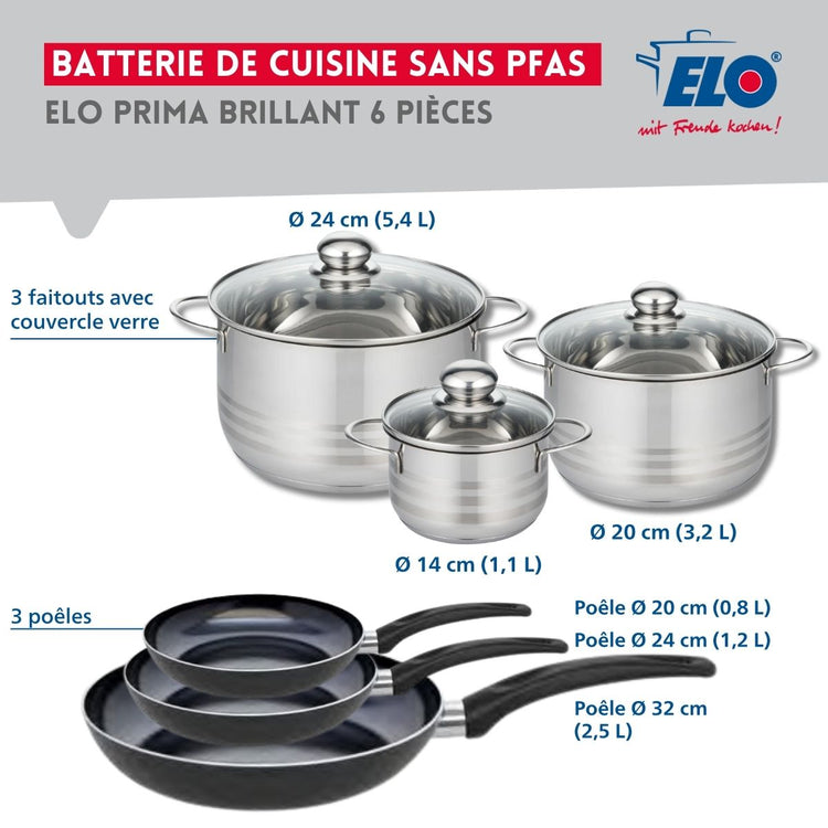 Ensemble de 3 Poêles de cuisson 20, 24 et 32 cm et 3 faitouts 14, 20 et 24 cm Elo Prima Brillant