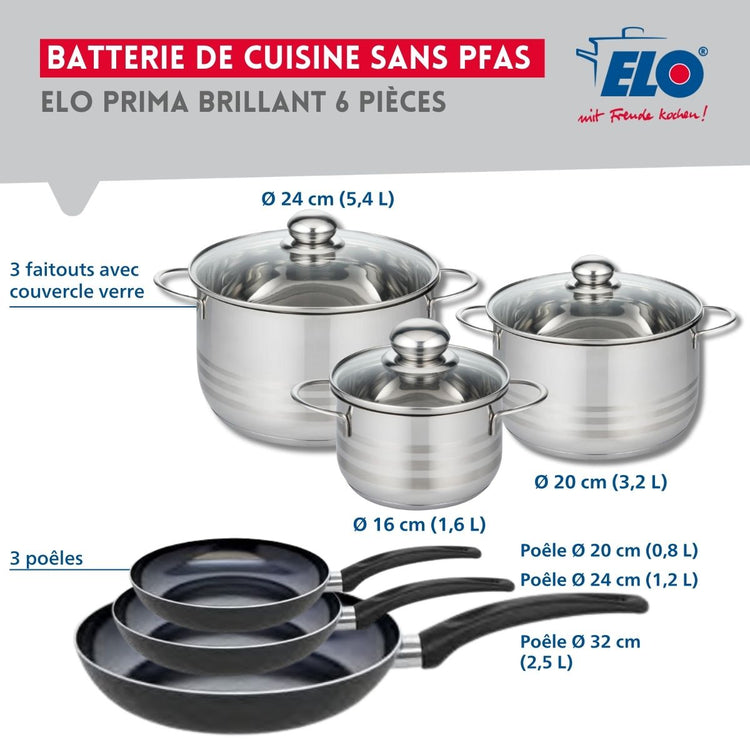 Ensemble de 3 Poêles de cuisson 20, 24 et 32 cm et 3 faitouts 16, 20 et 24 cm Elo Prima Brillant