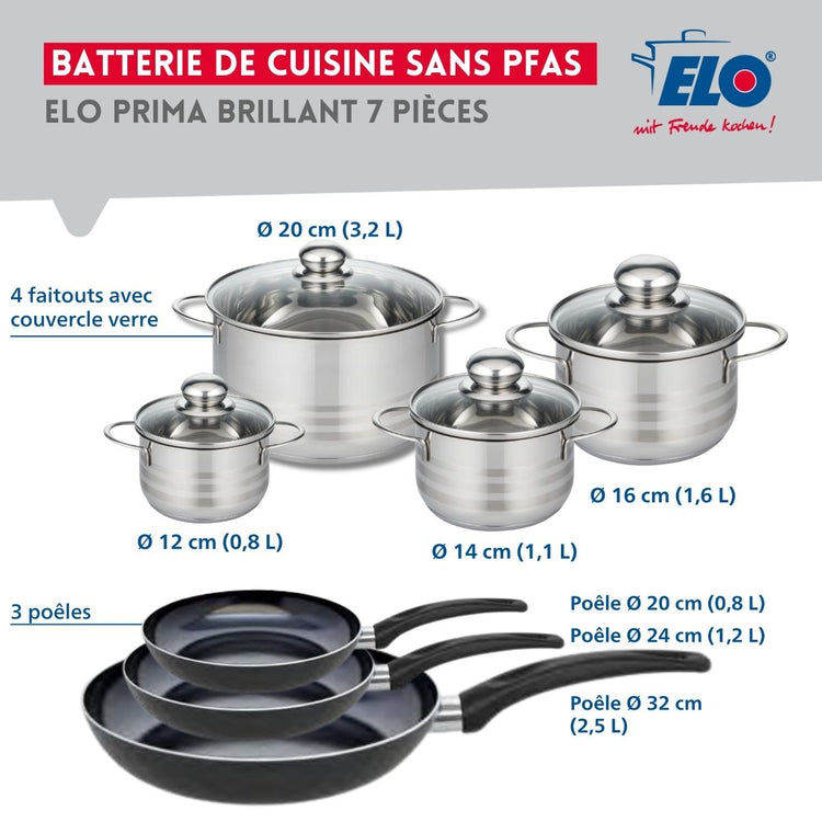 Ensemble de 3 Poêles de cuisson 20, 24 et 32 cm et 4 faitouts 12, 14, 16 et 20 cm Elo Prima Brillant