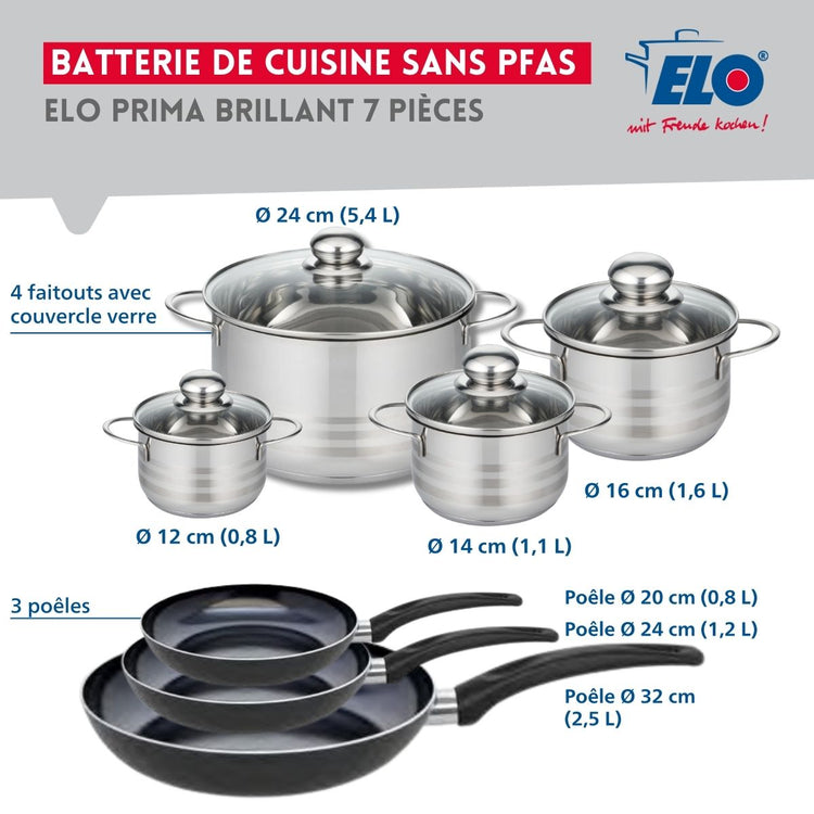 Ensemble de 3 Poêles de cuisson 20, 24 et 32 cm et 4 faitouts 12, 14, 16 et 24 cm Elo Prima Brillant