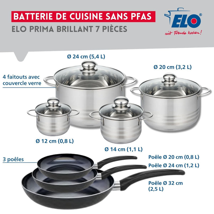 Ensemble de 3 Poêles de cuisson 20, 24 et 32 cm et 4 faitouts 12, 14, 20 et 24 cm Elo Prima Brillant