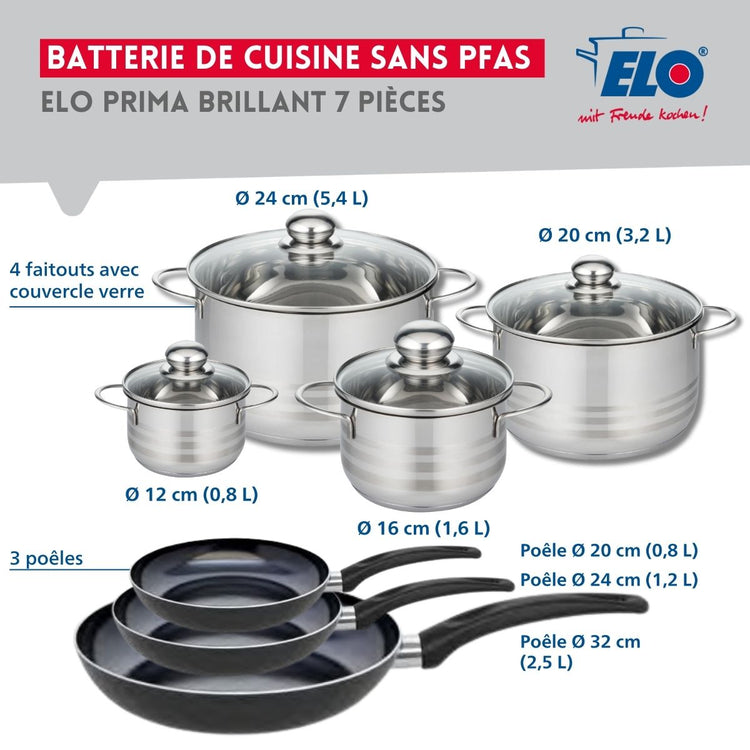 Ensemble de 3 Poêles de cuisson 20, 24 et 32 cm et 4 faitouts 12, 16, 20 et 24 cm Elo Prima Brillant