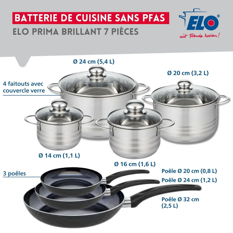 Ensemble de 3 Poêles de cuisson 20, 24 et 32 cm et 4 faitouts 14, 16, 20 et 24 cm Elo Prima Brillant