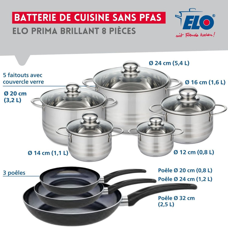 Ensemble de 3 Poêles de cuisson 20, 24 et 32 cm et 5 faitouts 12, 14, 16, 20 et 24 cm Elo Prima Brillant