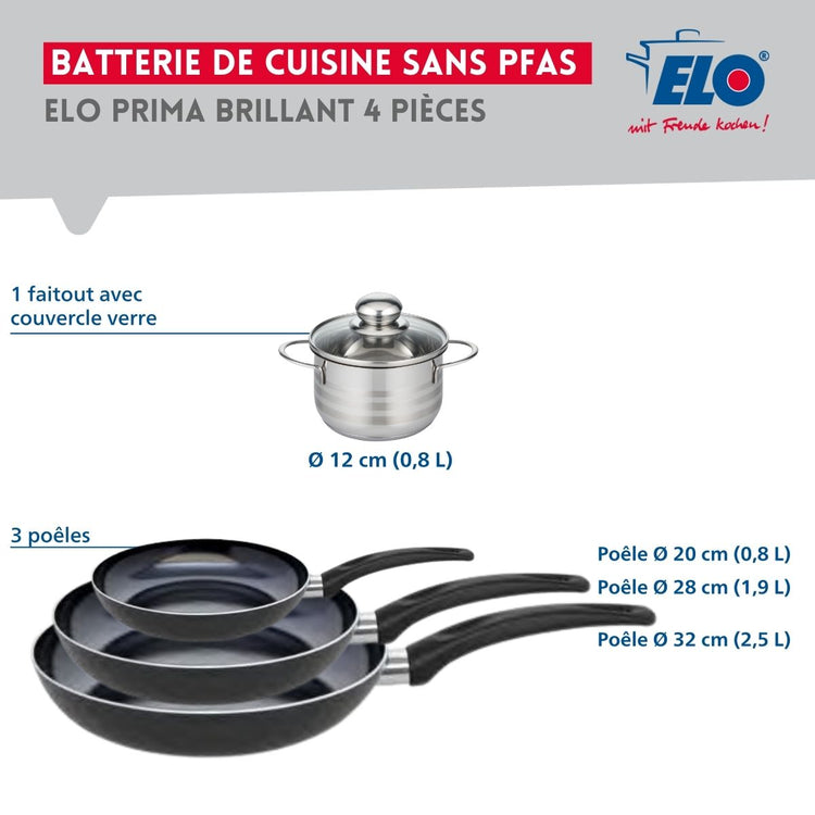 Ensemble de 3 Poêles de cuisson 20, 28 et 32 cm et 1 faitout 12 cm Elo Prima Brillant