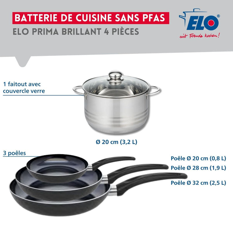 Ensemble de 3 Poêles de cuisson 20, 28 et 32 cm et 1 faitout 20 cm Elo Prima Brillant