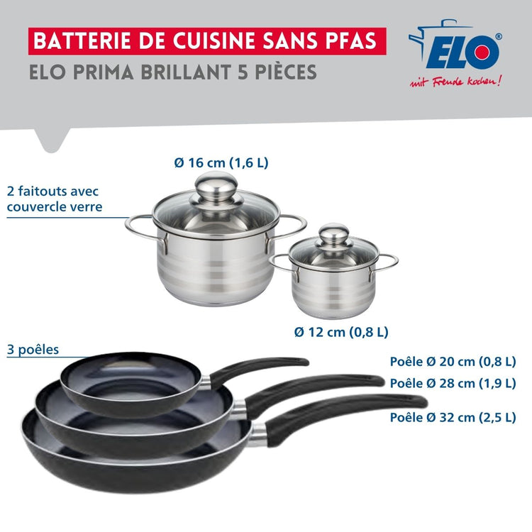 Ensemble de 3 Poêles de cuisson 20, 28 et 32 cm et 2 faitouts 12 et 16 cm Elo Prima Brillant