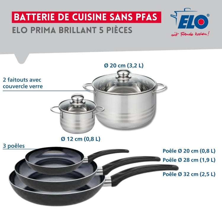 Ensemble de 3 Poêles de cuisson 20, 28 et 32 cm et 2 faitouts 12 et 20 cm Elo Prima Brillant