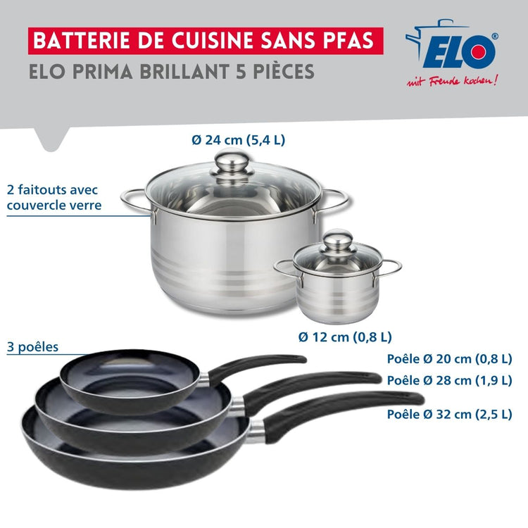 Ensemble de 3 Poêles de cuisson 20, 28 et 32 cm et 2 faitouts 12 et 24 cm Elo Prima Brillant