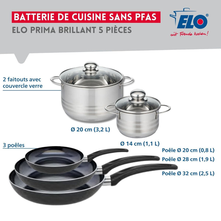 Ensemble de 3 Poêles de cuisson 20, 28 et 32 cm et 2 faitouts 14 et 20 cm Elo Prima Brillant