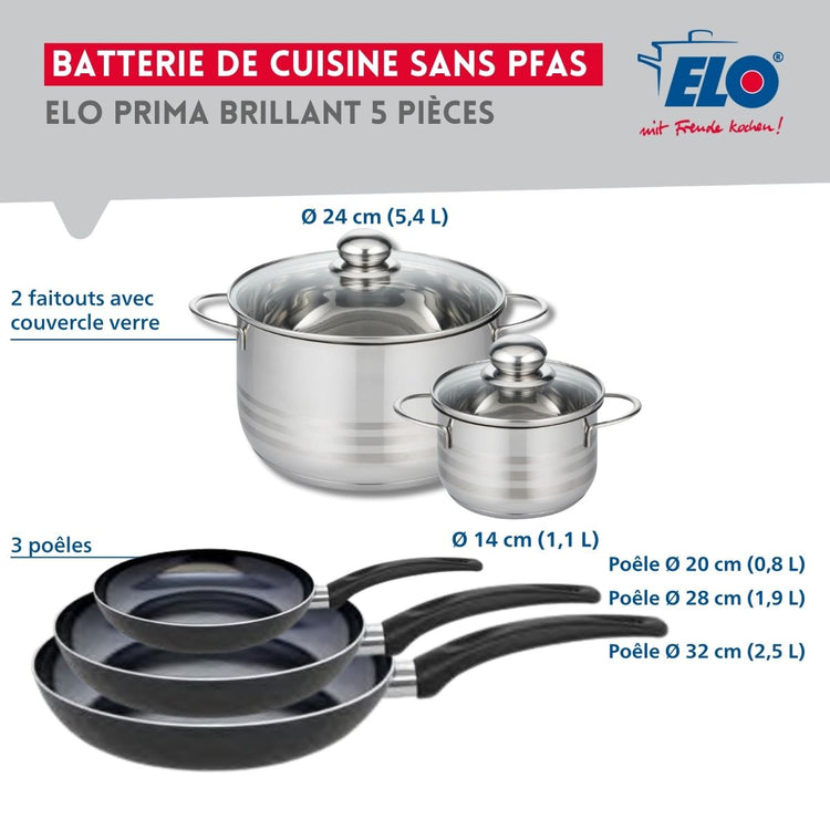 Ensemble de 3 Poêles de cuisson 20, 28 et 32 cm et 2 faitouts 14 et 24 cm Elo Prima Brillant