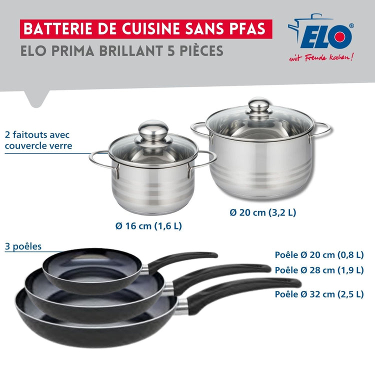 Ensemble de 3 Poêles de cuisson 20, 28 et 32 cm et 2 faitouts 16 et 20 cm Elo Prima Brillant