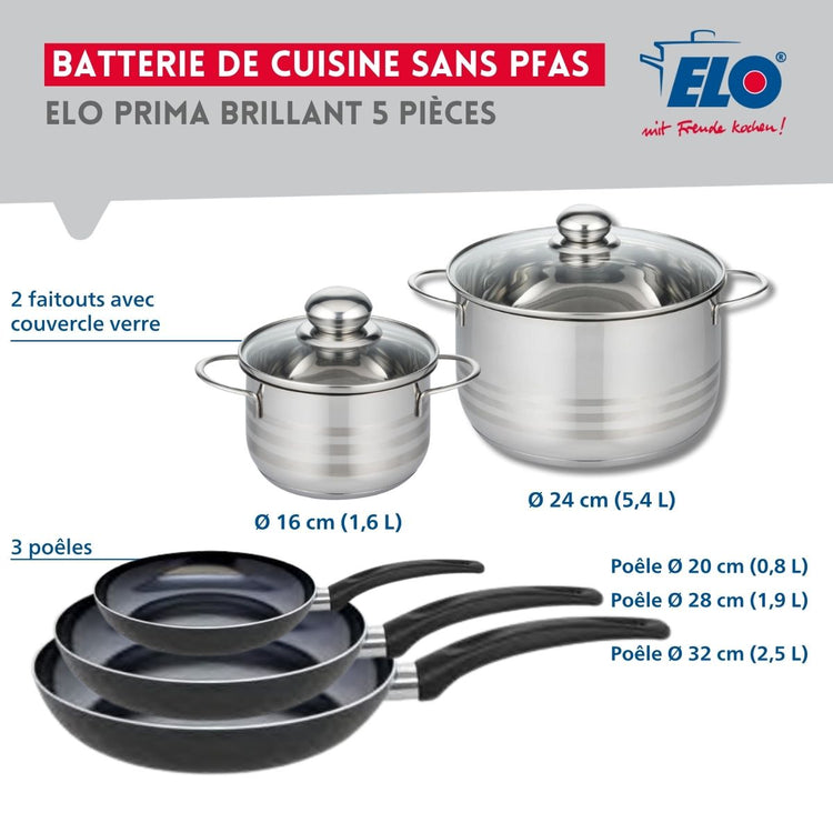 Ensemble de 3 Poêles de cuisson 20, 28 et 32 cm et 2 faitouts 16 et 24 cm Elo Prima Brillant