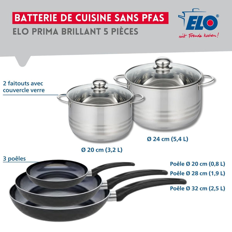 Ensemble de 3 Poêles de cuisson 20, 28 et 32 cm et 2 faitouts 20 et 24 cm Elo Prima Brillant