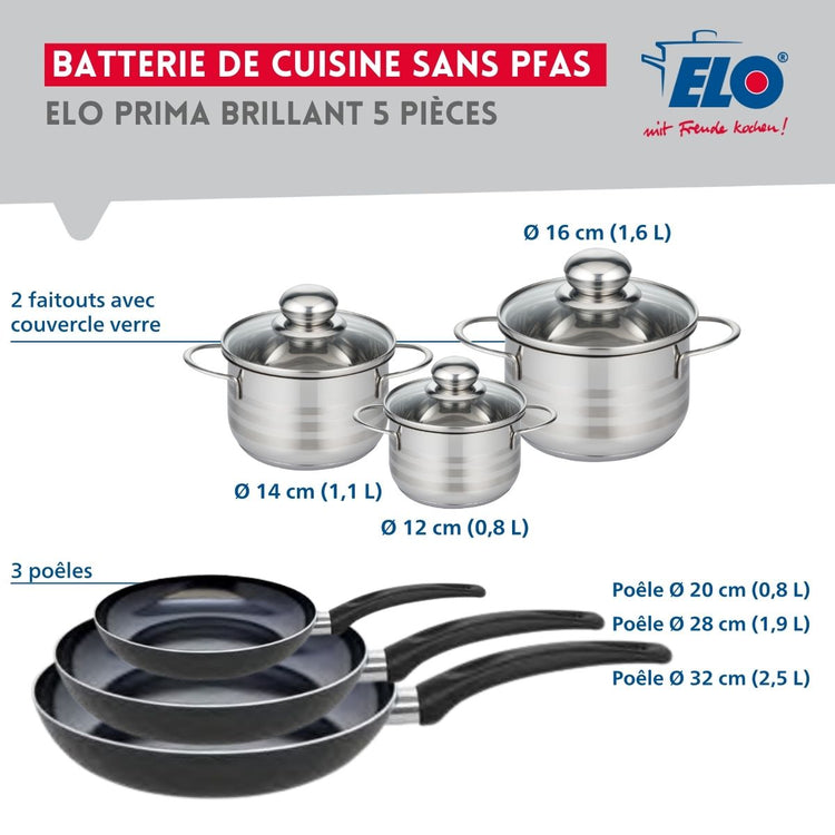 Ensemble de 3 Poêles de cuisson 20, 28 et 32 cm et 3 faitouts 12, 14 et 16 cm Elo Prima Brillant