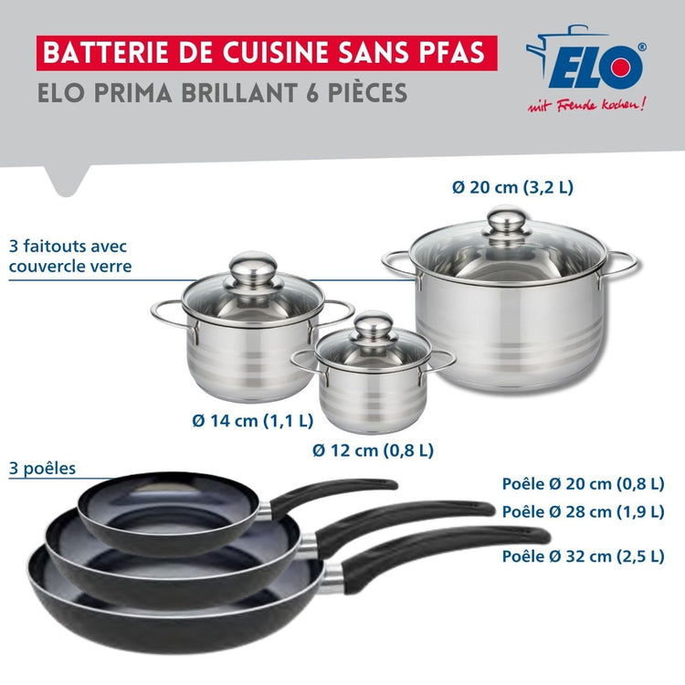 Ensemble de 3 Poêles de cuisson 20, 28 et 32 cm et 3 faitouts 12, 14 et 20 cm Elo Prima Brillant