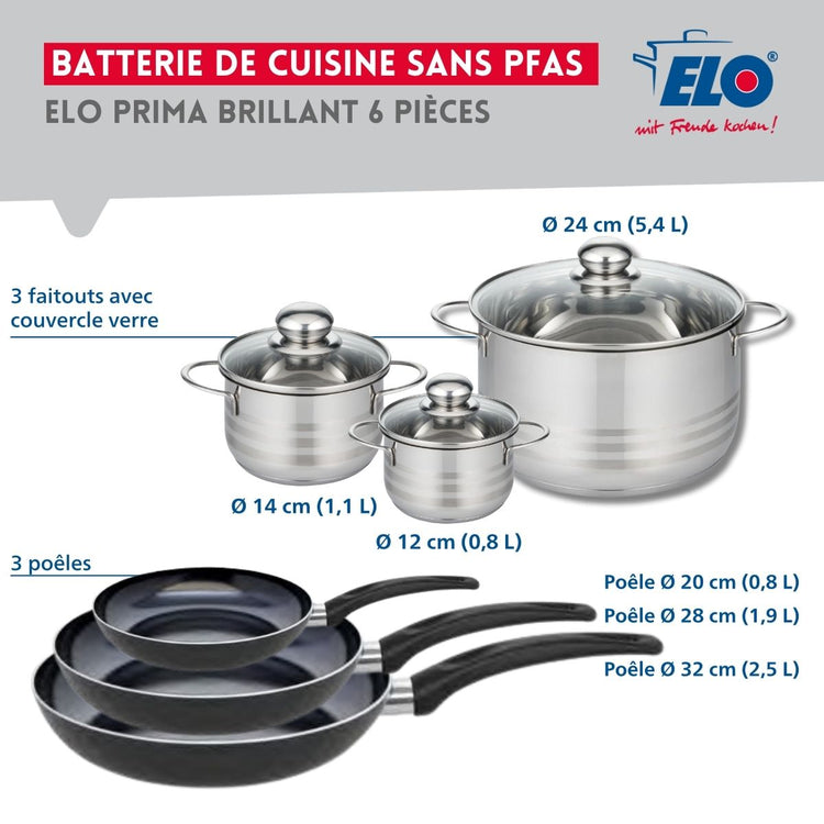 Ensemble de 3 Poêles de cuisson 20, 28 et 32 cm et 3 faitouts 12, 14 et 24 cm Elo Prima Brillant