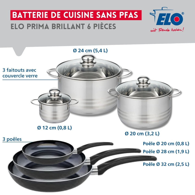 Ensemble de 3 Poêles de cuisson 20, 28 et 32 cm et 3 faitouts 12, 20 et 24 cm Elo Prima Brillant